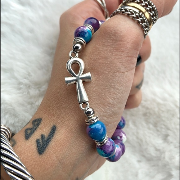 Purple blue snowflake jasper ankh cross bracelet - Picture 6 of 10